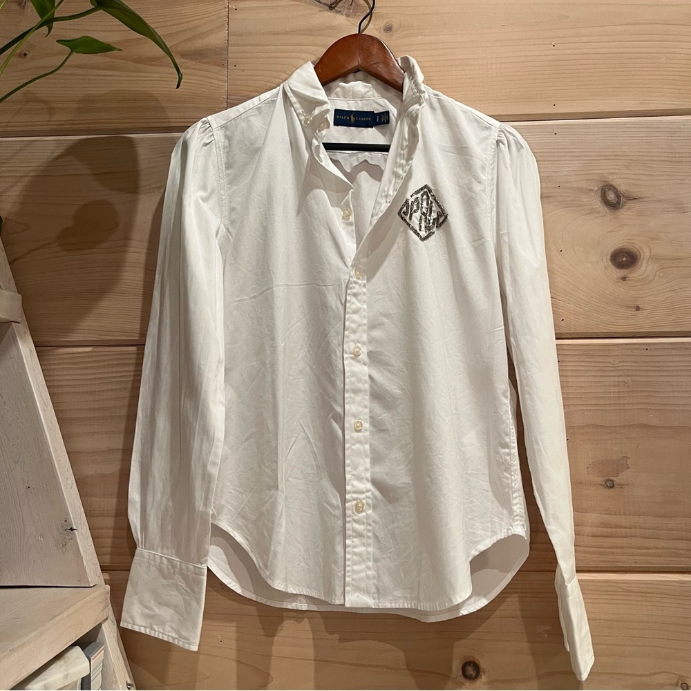 Ralph Lauren White Cotton Beaded Emblem Button Down Puff Sleeve Top S